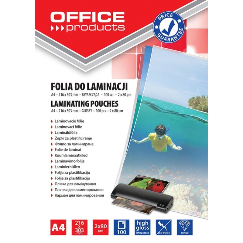 FOLIA DO LAMINOWANIA BŁYSZCZĄCA A4 OFFICE PRODUCTS 80MIC 100 SZT