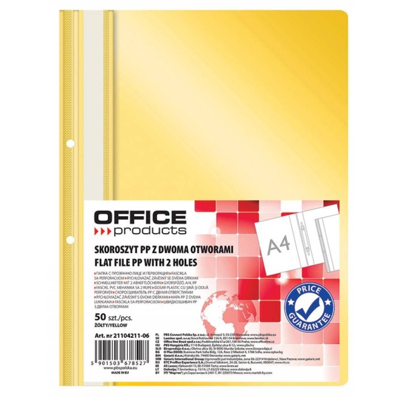 SKOROSZYT WPINANY A4 OFFICE PRODUCTS 2 OTWORY ŻÓŁTY PP 100/170MIKR