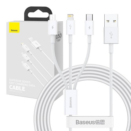 KABEL USB 3W1 BASEUS SUPERIOR SERIES, USB DO MICRO USB / USB-C / LIGHTNING, 3.5A, 1.2M (BIAŁY)