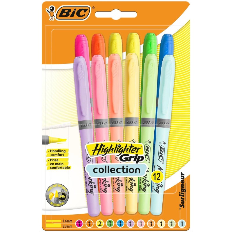 ZAKREŚLACZ BIC HIGHLIGHTER GRIP PASTEL 992562 MIX*12 1.6-3.3MM 12SZT