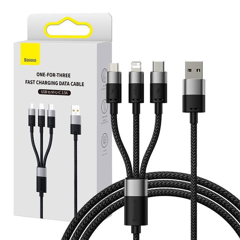 KABEL SZYBKIEGO ŁADOWANIA  BASEUS STARSPEED USB DO M+L+C 3.5A 0.6M(BLACK)