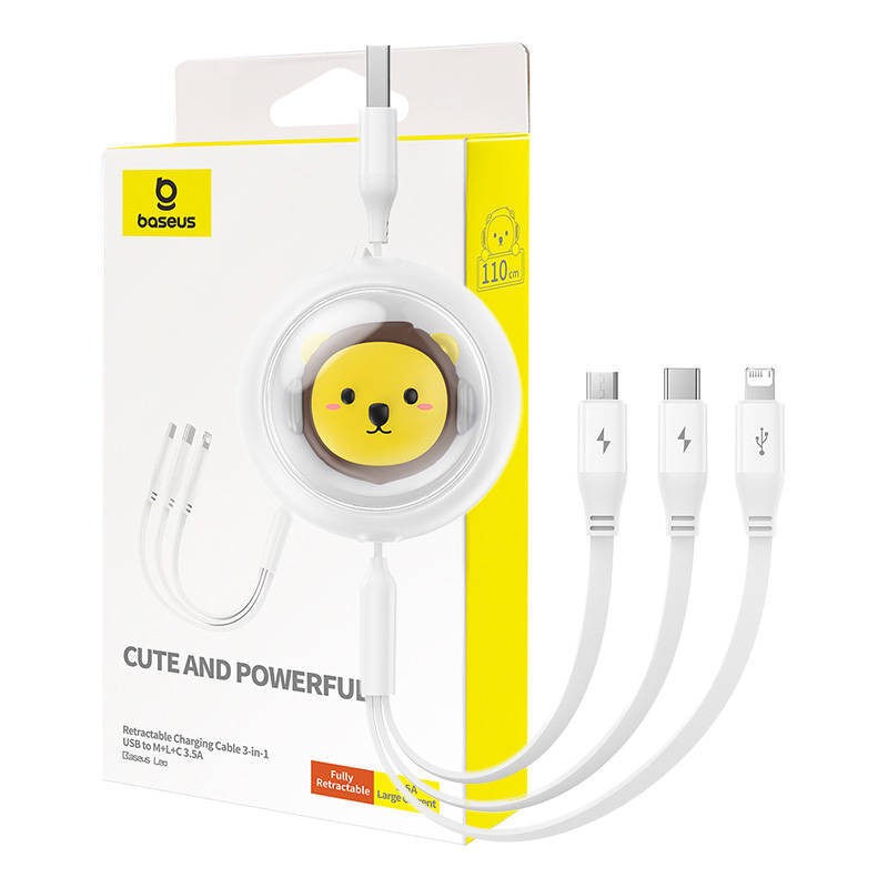 KABEL ŁADOWANIA 3W1 BASEUS USB DO USB-C, USB-M, LIGHTNING 3,5A, 1,1M (WHITE)