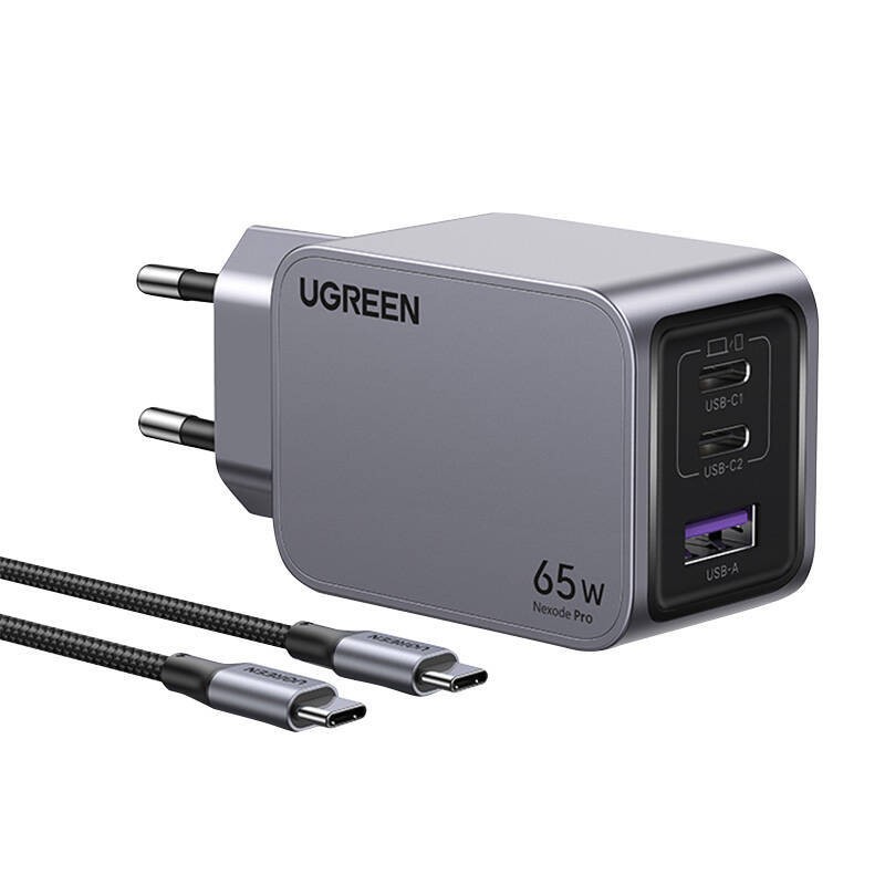 ŁADOWARKA SIECIOWA UGREEN NEXODE PRO, USB + 2X USB-C, 65W + KABEL USB-C 1.5M (CZARNA)