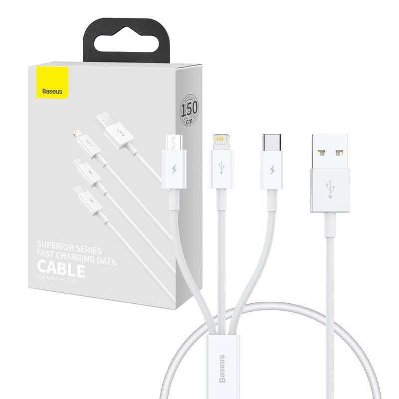 KABEL SZYBKIEGO ŁADOWANIA  BASEUS SUPERIOR DATA USB DO M+L+C 3.5A 0.5M(WHITE)