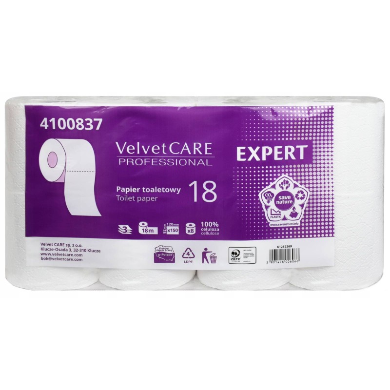 PAPIER TOALETOWY TRZYWARSTWOWY CELULOZOWY VELVET CARE 18 EXPERT 4100837 BIAŁY 18M 8 SZT.