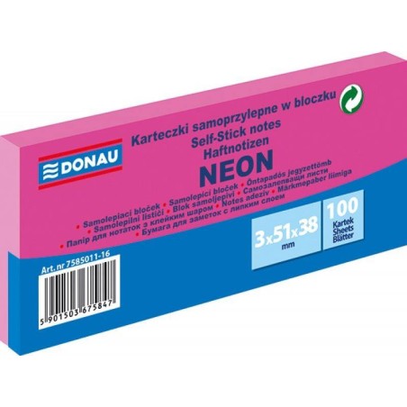 KARTECZKI SAMOPRZYLEPNE 38X51MM DONAU NEON RÓŻOWE 3X100KART