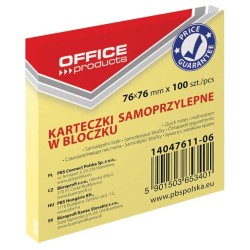 KARTECZKI SAMOPRZYLEPNE 76X76MM OFFICE PRODUCTS PASTELOWE JASNO ŻÓŁTE 100KART