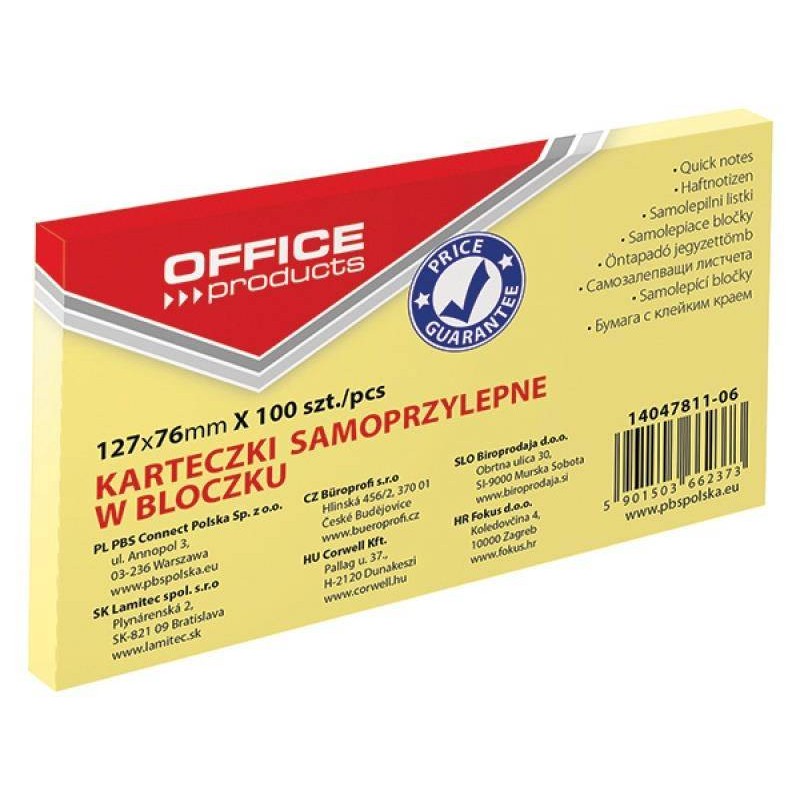 KARTECZKI SAMOPRZYLEPNE 127X76MM OFFICE PRODUCTS PASTELOWE JASNO ŻÓŁTE 100KART