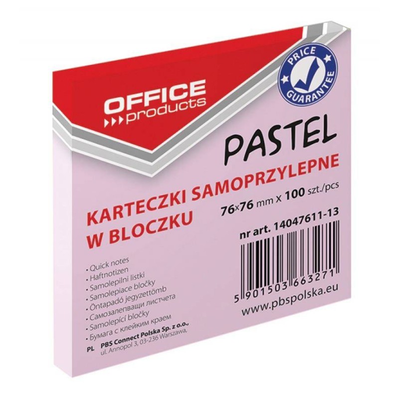 KARTECZKI SAMOPRZYLEPNE 76X76MM OFFICE PRODUCTS PASTELOWE RÓŻOWE 100KART