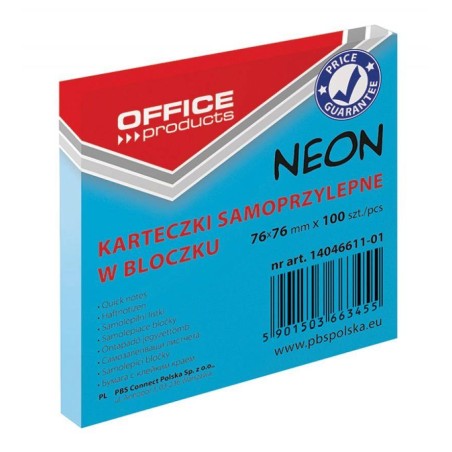 KARTECZKI SAMOPRZYLEPNE 76X76MM OFFICE PRODUCTS NEONOWE NIEBIESKIE 100KART