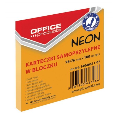 KARTECZKI SAMOPRZYLEPNE 76X76MM OFFICE PRODUCTS NEONOWE POMARAŃCZOWE 100KART