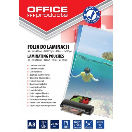 FOLIA DO LAMINOWANIA BŁYSZCZĄCA A3 OFFICE PRODUCTS 100MIC 100 SZT