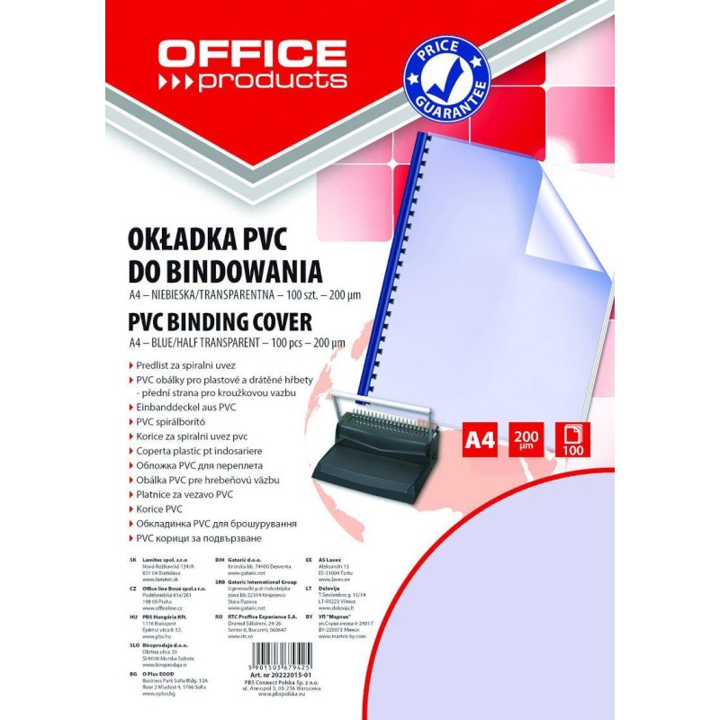 FOLIA DO BINDOWANIA A4 OFFICE PRODUCTS PRZEZROCZYSTA NIEBIESKA 200MIC 100 SZT