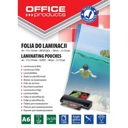 FOLIA DO LAMINOWANIA BŁYSZCZĄCA A6 OFFICE PRODUCTS   125MIC 100 SZT