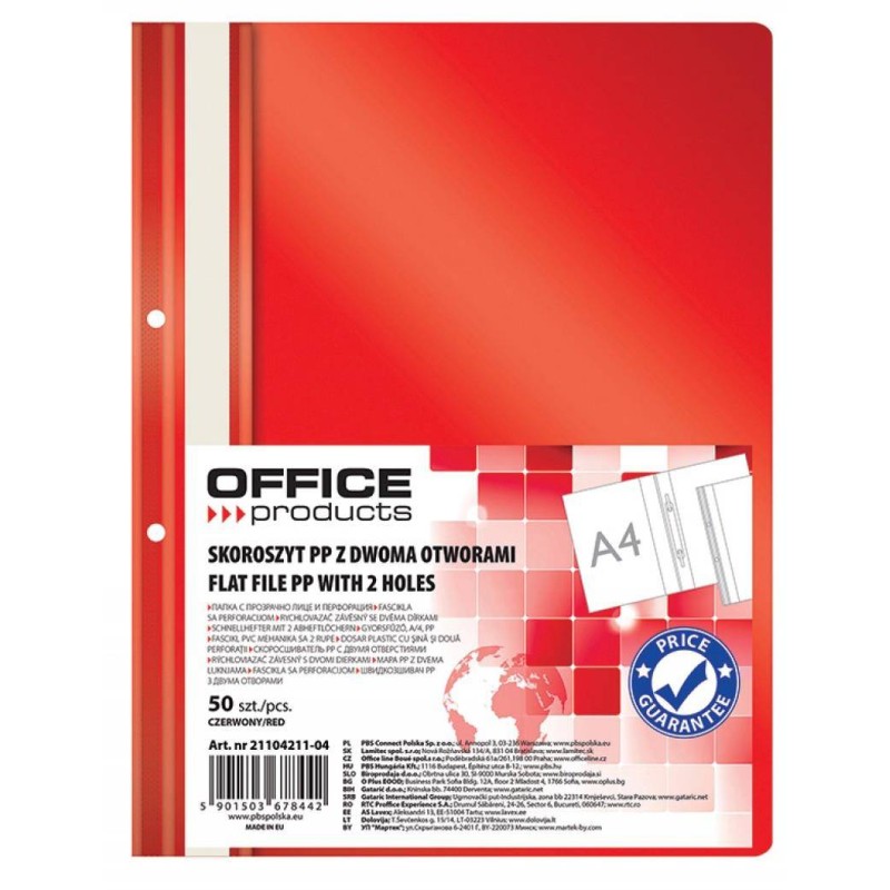 SKOROSZYT WPINANY A4 OFFICE PRODUCTS 2 OTWORY CZERWONY PP 100/170MIKR