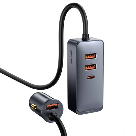 ŁADOWARKA SAMOCHODOWA BASEUS SHARE TOGETHER Z PRZEDŁUŻACZEM, 3X USB, USB-C, 120W (SZARA)