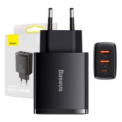 Ładowarka sieciowa Baseus Compact Quick Charger, 2xUSB, USB-C, PD, 3A, 30W (czarna)