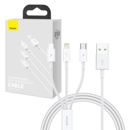 KABEL SZYBKIEGO ŁADOWANIA  BASEUS SUPERIOR DATA USB DO M+L+C 3.5A 1M(WHITE)