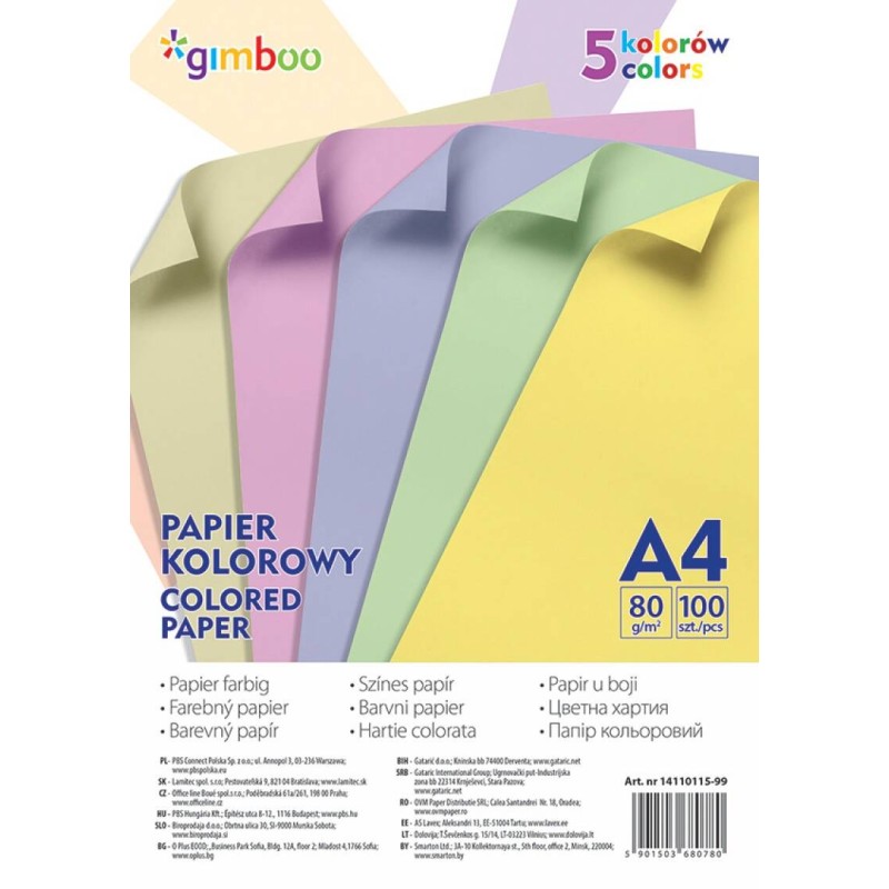 PAPIER KOLOROWY A4 80G GIMBOO MIX PASTELOWY 100ARK