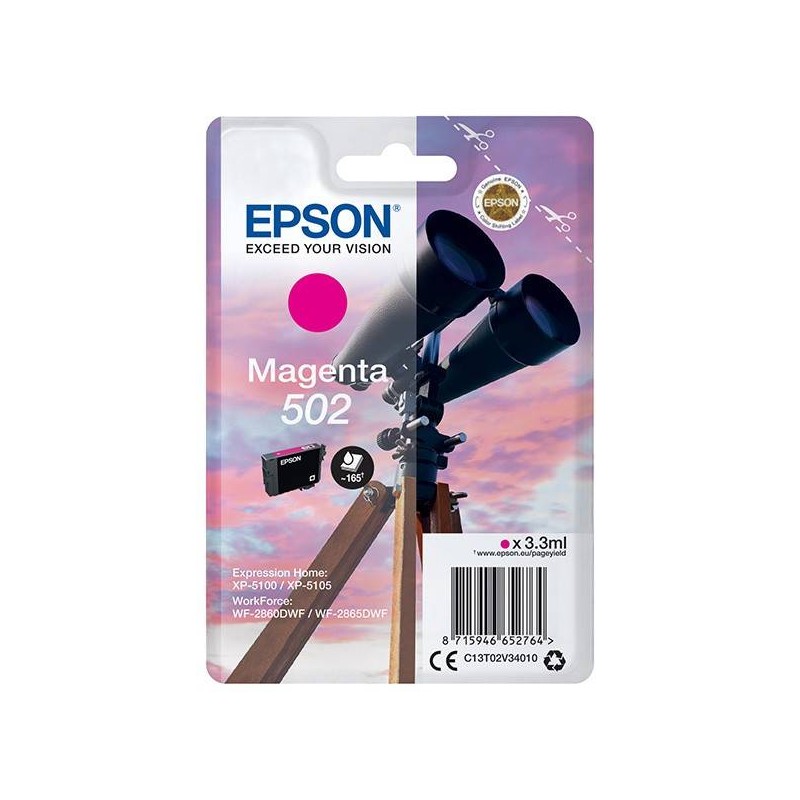 EPSON ORYGINALNY INK / TUSZ C13T02V34020, 502, T02V340, MAGENTA, 165S, 3.3ML, EPSON XP-5100, XP-5105, WF-2880DWF, WF2865DWF