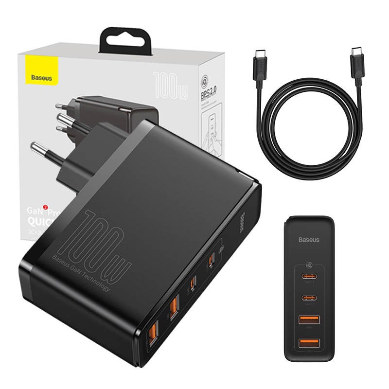 Ładowarka sieciowa Baseus GaN2 Pro, 2x USB + 2x USB-C, 100W, EU (czarna)