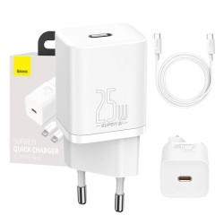 ŁADOWARKA SIECIOWA BASEUS SUPER SI QUICK CHARGER 1C 25W Z PRZEWODEM USB-C DO USB-C 1M (BIAŁA)