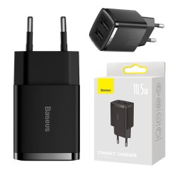 ŁADOWARKA SIECIOWA BASEUS COMPACT QUICK CHARGER, 2X USB, 10.5W (CZARNA)