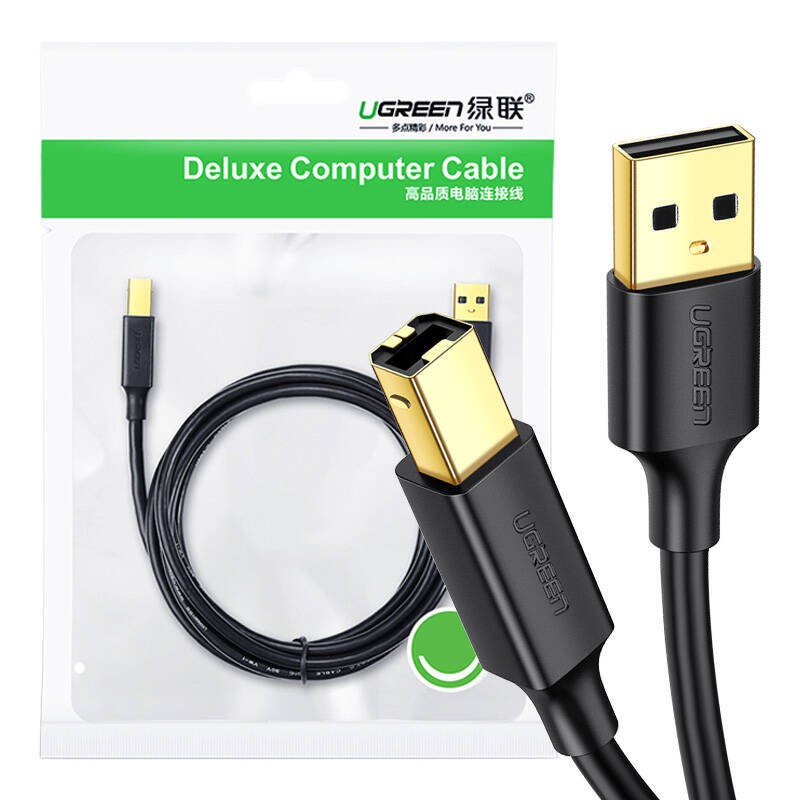 KABEL USB 2.0 A-B UGREEN US135 DO DRUKARKI, POZŁACANY, 5M (CZARNY)