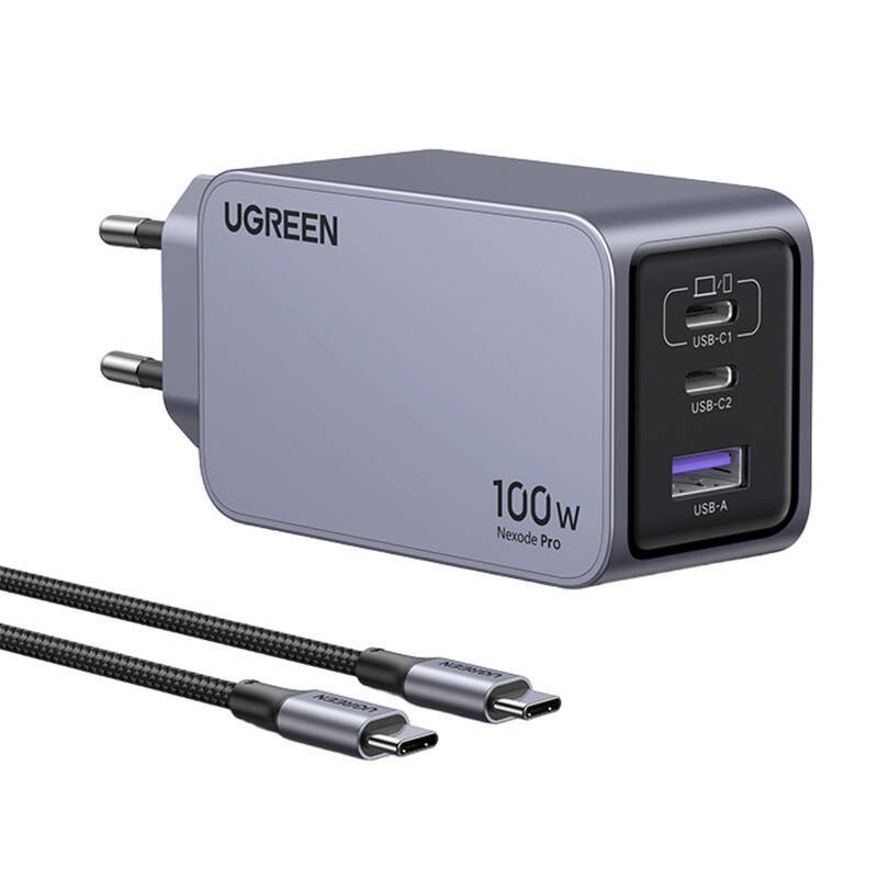 ŁADOWARKA SIECIOWA UGREEN NEXODE PRO 100W, GAN, USB + 2X USB-C (SZARA)