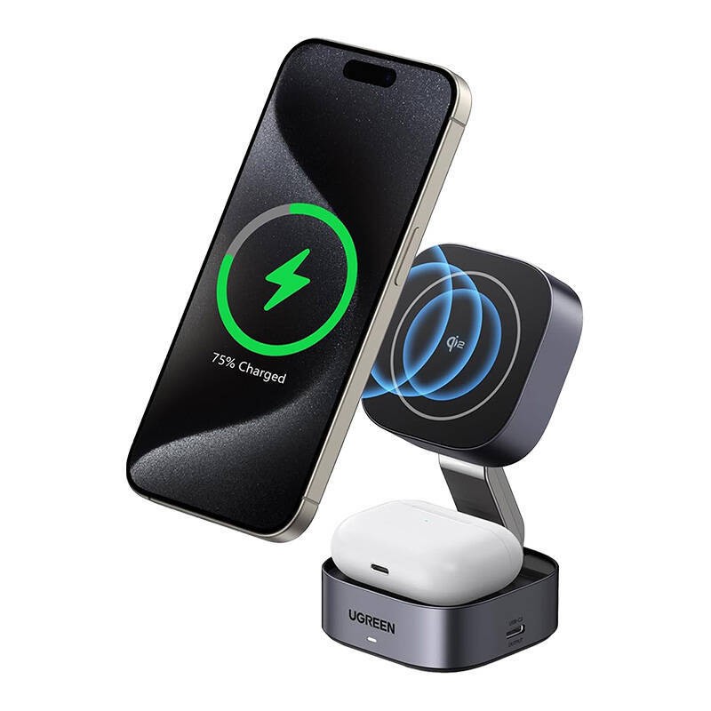 ŁADOWARKA INDUKCYJNA QI 2W1 UGREEN W702 DO IPHONE, AIRPODS, 15W (SZARA)