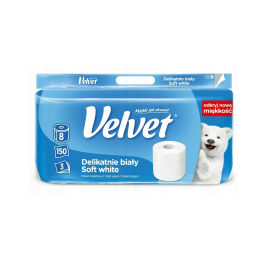 PAPIER TOALETOWY TRZYWARSTWOWY CELULOZOWY VELVET DELIKATNIE BIAŁY 45751260 150 LISTKÓW 18,3M 8 SZT.