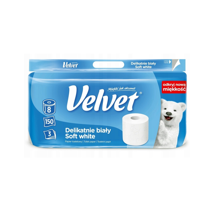 PAPIER TOALETOWY TRZYWARSTWOWY CELULOZOWY VELVET DELIKATNIE BIAŁY 45751260 150 LISTKÓW 18,3M 8 SZT.
