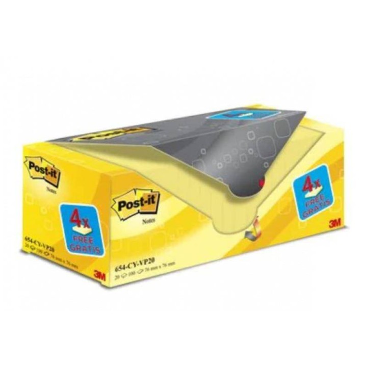KARTECZKI SAMOPRZYLEPNE 76X76MM 3M POST-IT® 654CY-VP20 ŻÓŁTE (16+4)X100 KART