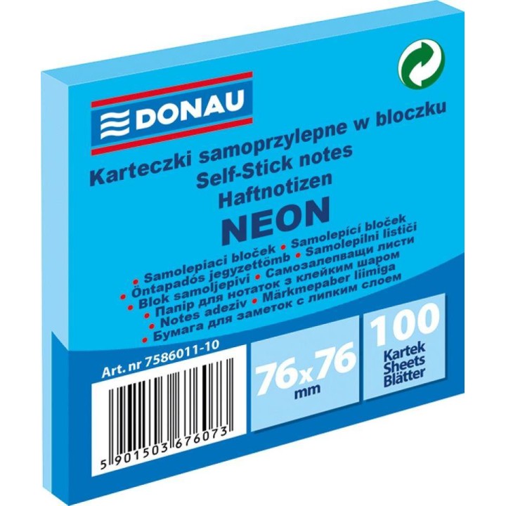KARTECZKI SAMOPRZYLEPNE 76X76MM DONAU NEON NIEBIESKIE 100KART