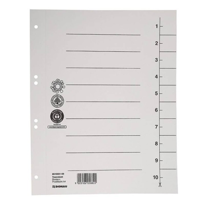 PRZEKŁADKI 1-10 A4 DONAU Z PERFORACJĄ BIAŁE KARTON 250G/M² 100SZT
