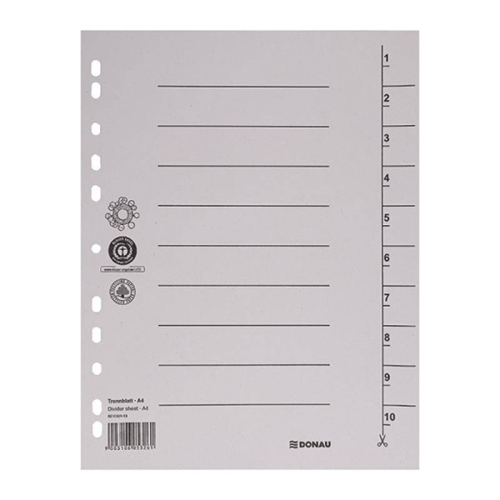 PRZEKŁADKI 1-10 A4 DONAU Z PERFORACJĄ SZARE KARTON 250G/M² 100SZT