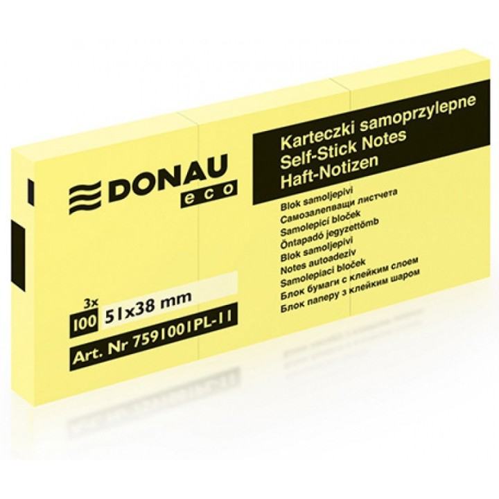 KARTECZKI SAMOPRZYLEPNE 38X51MM DONAU ECO JASNO ŻÓŁTE 3X100KART
