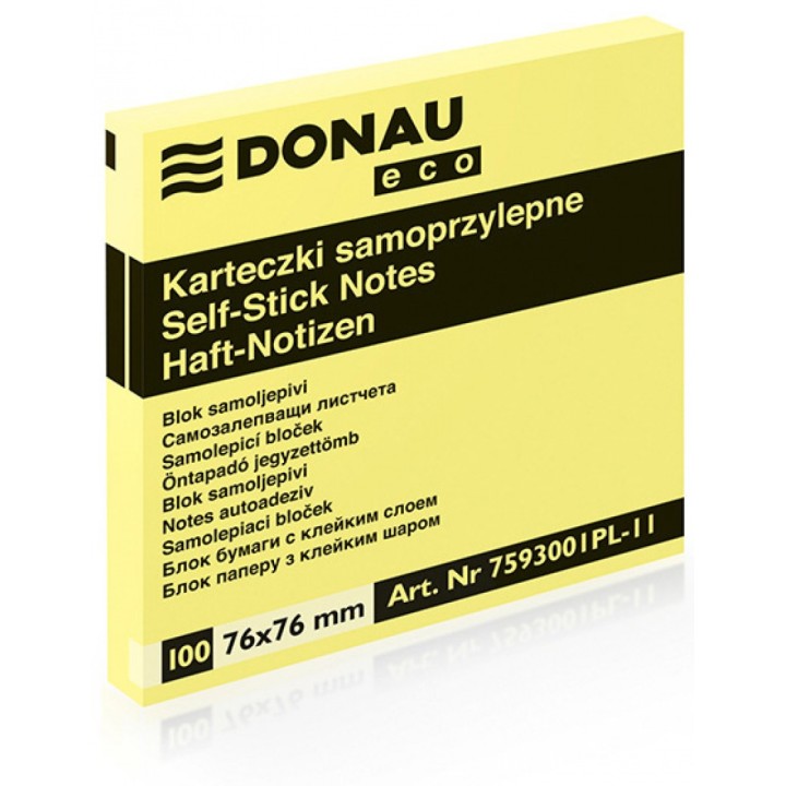 KARTECZKI SAMOPRZYLEPNE 76X76MM DONAU ECO JASNO ŻÓŁTE 100KART