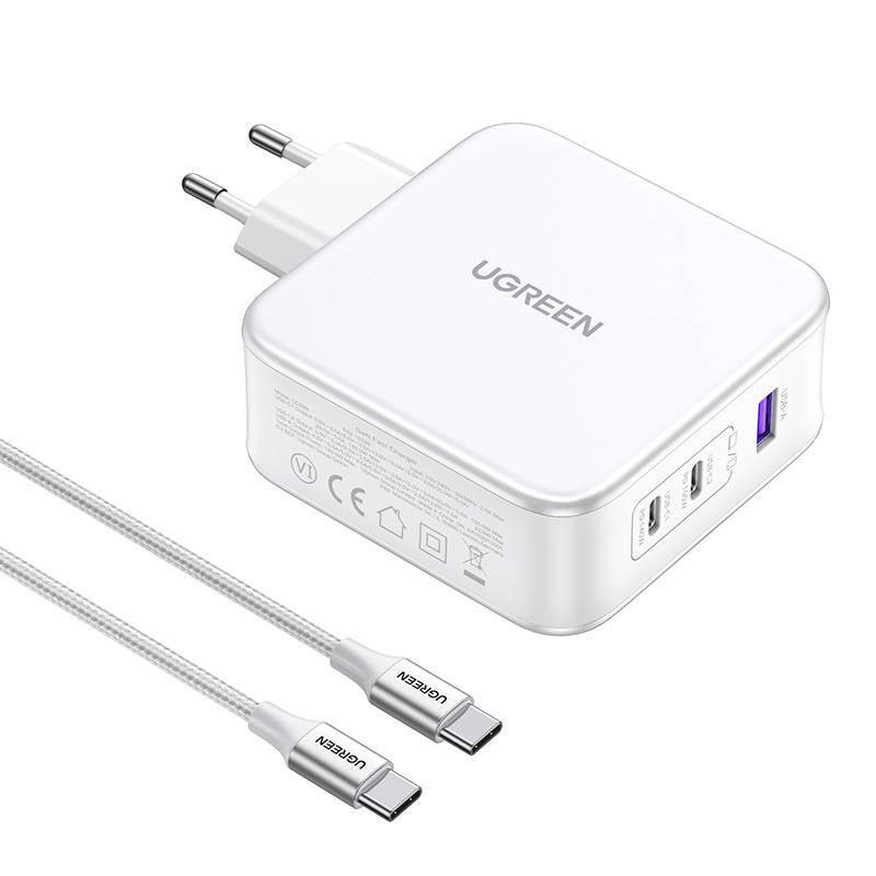 Ładowarka sieciowa UGREEN 15339 Nexode, 2xUSB-C, USB-A 3.0, PD3.0, QC4.0, GaN, 140W (biała)