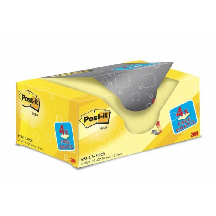 KARTECZKI SAMOPRZYLEPNE 38X51MM 3M POST-IT® 653CY-VP20 ŻÓŁTE (16+4)X100 KART
