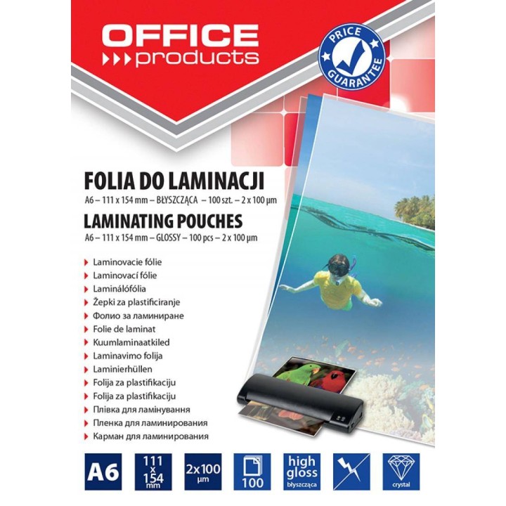 FOLIA DO LAMINOWANIA BŁYSZCZĄCA A6 OFFICE PRODUCTS 100MIC 100 SZT