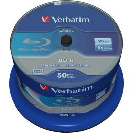 VERBATIM BD-R, SINGLE LAYER 25GB, BLUE SURFACE, SINGLE LAYER, SPINDLE, 43838, 6X, 50-CAKE, NO ID