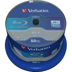 VERBATIM BD-R, SINGLE LAYER 25GB, BLUE SURFACE, SINGLE LAYER, SPINDLE, 43838, 6X, 50-CAKE, NO ID