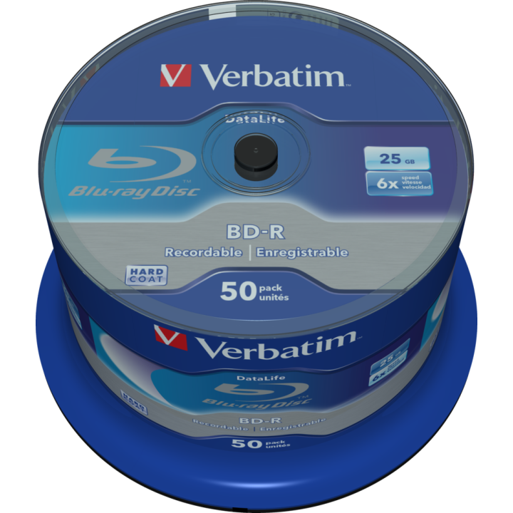 VERBATIM BD-R, SINGLE LAYER 25GB, BLUE SURFACE, SINGLE LAYER, SPINDLE, 43838, 6X, 50-CAKE, NO ID