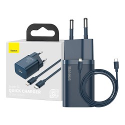 ŁADOWARKA SIECIOWA BASEUS SUPER SI QUICK CHARGER 1C 20W Z PRZEWODEM USB-C DO LIGHTNING 1M (NIEBIESKA)