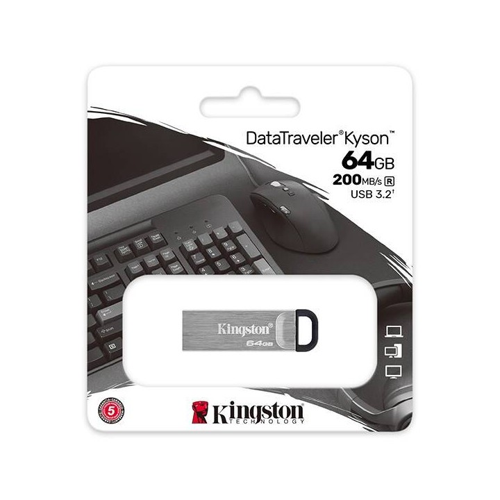 KINGSTON USB FLASH DISK, USB 3.0, 64GB, DATATRAVELER(R) KYSON, SREBRNY, DTKN/64GB, USB A, Z OCZKIEM NA BRELOK