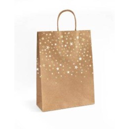 TOREBKA NA PREZENTY 33X10X24CM ARGO 257009 CIEMNOBEŻOWA ZŁOTE GWIAZDKI PAPIER KRAFT 5SZT