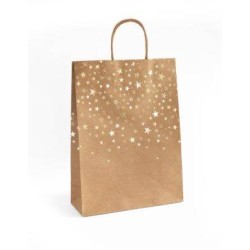 TOREBKA NA PREZENTY 33X10X24CM ARGO 257009 CIEMNOBEŻOWA ZŁOTE GWIAZDKI PAPIER KRAFT 5SZT