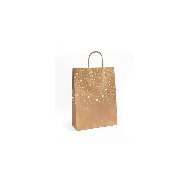 TOREBKA NA PREZENTY 33X10X24CM ARGO 257009 CIEMNOBEŻOWA ZŁOTE GWIAZDKI PAPIER KRAFT 5SZT