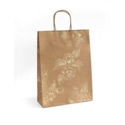 TOREBKA NA PREZENTY 33X10X24CM ARGO 257011 CIEMNOBEŻOWA ZŁOTE KWIATY PAPIER KRAFT 5SZT